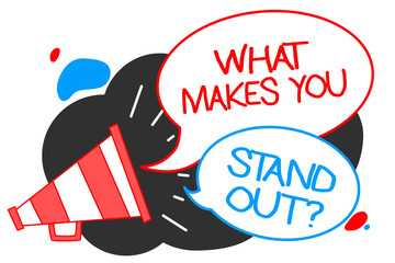Text sign showing What Makes You Stand Out question. Conceptual photo asking someone about his qualities Megaphone loudspeaker speech bubbles important message speaking out loud