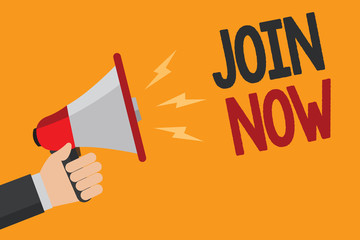 Handwriting text writing Join Now. Concept meaning An invite to a person or a friend to become a member of the group Man holding Megaphone loudspeaker loud screaming talk talking speech listen