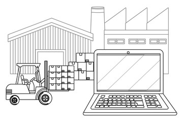 laptop with lift truck in black and white