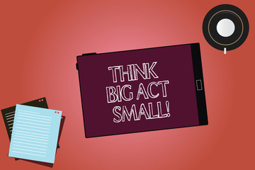 Text sign showing Think Big Act Small. Conceptual photo Make little steps to slowly reach your biggest goals Tablet Empty Screen Cup Saucer and Filler Sheets on Blank Color Background