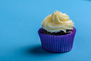 Cupcake in purple wrap on turquoise background. Minimal.