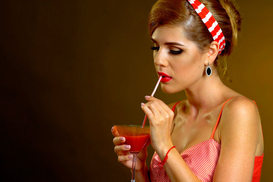 Girl drinks martini cocktail. Woman on thematic party retro old fashioned style. Than quench your thirst on hot day. - Powered by Adobe