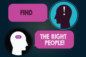 Conceptual hand writing showing Find The Right People. Business photo showcasing look for a Competent demonstrating Hire appropriate Staff Messenger Room with Chat Heads Speech Bubbles Punctuations
