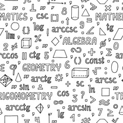 School hand drawn mathematical signs and symbols seamless pattern. Vector illustration. 