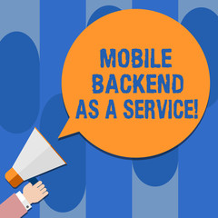 Writing note showing Mobile Backend As A Service. Business photo showcasing Mbaas Link web and mobile apps to cloud storage Hu analysis Hand Holding Megaphone Color Speech Bubble