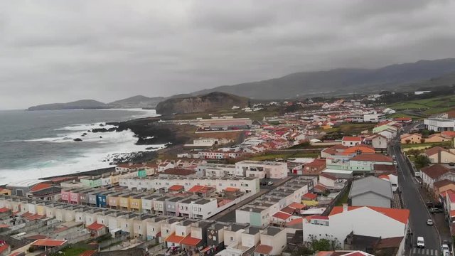 Drone Azores Portugal aerial view of village on cloudy day