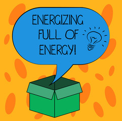 Writing note showing Energizing Full Of Energy. Business photo showcasing Focused energized full of power motivated Idea icon Inside Blank Halftone Speech Bubble Over an Open Carton Box