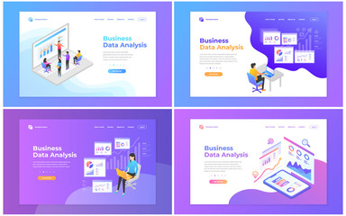 Set of web page design templates for data analysis, digital marketing, teamwork, business strategy and analysis. Modern vector illustration concepts for website and mobile website development.