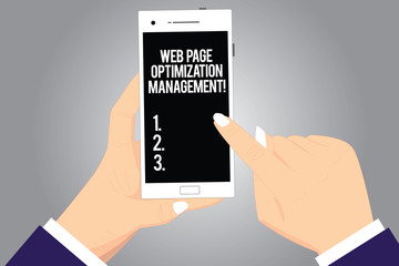Handwriting text writing Web Page Optimization Management. Concept meaning Website content marketing analysisaging Hu analysis Hands Holding Pointing Touching Smartphone Blank Color Screen