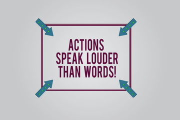 Writing note showing Actions Speak Louder Than Words. Business photo showcasing Make execute accomplish more talk less Square Outline with Corner Arrows Pointing Inwards on Color Background