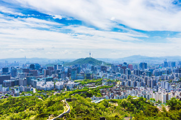 Summer and  Skyline of Seoul downtown , Seoul Tower and Lotte Tower in Seoul,South Korea