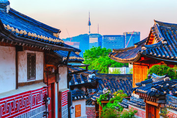 Sunrise at Bukchon Hanok Village best landmark in Seoul, South Korea.