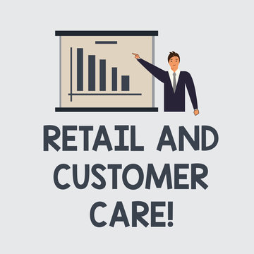 Text sign showing Retail And Customer Care. Conceptual photo Shopping assistance store helping services Man in Business Suit Standing Pointing a Board with Bar Chart Copy Space