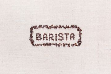 The word Barista inside a rectangle all made with coffee beans, aligned in the center.