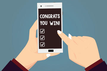 Word writing text Congrats You Win. Business concept for Congratulations for your accomplish competition winner Hu analysis Hands Holding Pointing Touching Smartphone Blank Color Screen