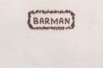 The word Barman inside a rectangle all made with coffee beans, aligned at the top.