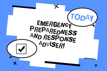 Word writing text Emergency Preparedness And Response Adviser. Business concept for Be prepared for emergencies Two Blank Oval speech bubble at distance and Tail facing opposite direction