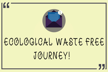 Writing note showing Ecological Waste Free Journey. Business photo showcasing Environment protection recycling reusing Open Envelope with Paper Email Message inside Quotation Mark