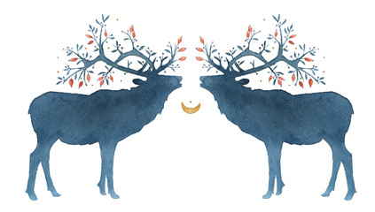 Watercolor silhouettes of deer with magic horns, north, magic, dog rose, twigs, moon, crescent, Scandinavia, north, red Indians, native American, Alaska
