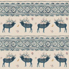 Seamless pattern with watercolor winter Scandinavian deer and national ornament in blue colors