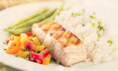 Seafood Dish food with vegetable on a white plate