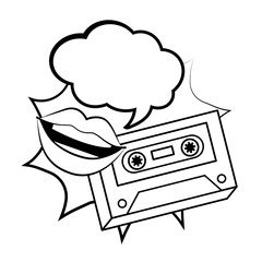 Pop art music cassette vintage cartoon in black and white