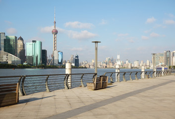 Empty marble road surface floor with Shanghai Skyline