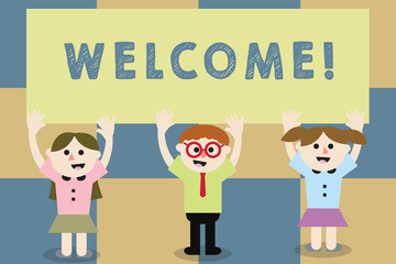 Conceptual hand writing showing Welcome. Business photo text instance or analysisner of greeting someone in polite or friendly way School Kids with Arms Raising up are Singing Smiling Talking