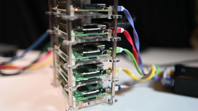 Raspberry PI cluster, mini-supercomputer, bottom to top view