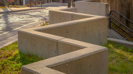 Panorama Outdoor stairs connected to a zig zag concrete barrier in Salt Lake City