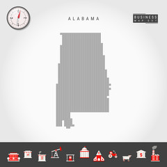 Vector Vertical Lines Pattern Map of Alabama. Striped Simple Silhouette of Alabama. Realistic Vector Compass. Business Infographic Icons.