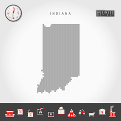 Vector Vertical Lines Pattern Map of Indiana. Striped Simple Silhouette of Indiana. Realistic Compass. Business Infographic Icons.
