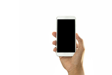 Hand holding cell phone isolated on white background in clipping path.