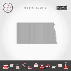 Vector Vertical Lines Pattern Map of North Dakota. Striped Simple Silhouette of North Dakota. Realistic Compass. Business Infographic Icons.