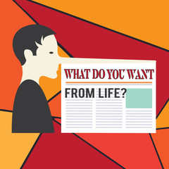 Word writing text What Do You Want From Lifequestion. Business concept for Express the things you would like to get Man with a Very Long Nose like Pinocchio a Blank Newspaper is attached