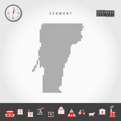 Vector Vertical Lines Pattern Map of Vermont. Striped Simple Silhouette of Vermont. Realistic Compass. Business Infographic Icons.