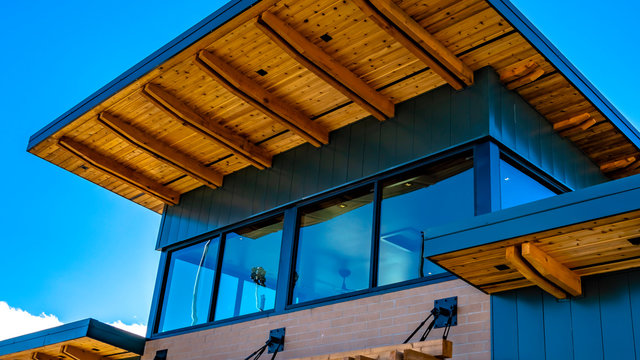 Panorama Exterior Of A Commercial Building With Brick Wall And Flat Roof