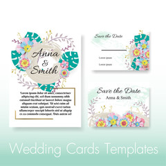 Fototapeta na wymiar green leaf Wedding invite, invitation,save the date card design with beatiful branches leaves,blue geometrical pattern