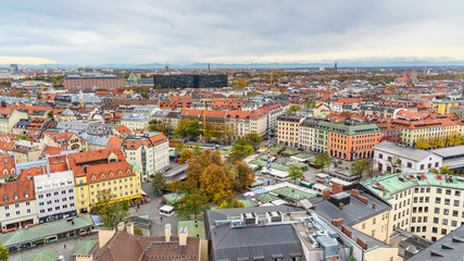 Aerial cityscape of Munich historical center with Viktualienmarkt on square. Germany