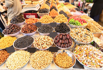 Various colorful sweets and dry fruits.