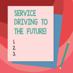 Writing note showing Service Driving To The Future. Business photo showcasing Modern technologies assistance services Stack of Different Pastel Color Construct Bond Paper Pencil