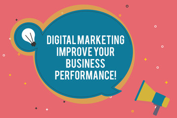 Text sign showing Digital Marketing Improve Your Business Perforanalysisce. Conceptual photo Social network ads Blank Round Speech Bubble with Bulb Idea Icon Sticker Style and Megaphone