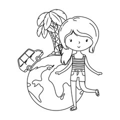 summer and kids cartoon in black and white