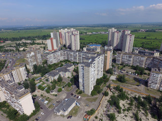 Modern residential area of Kiev at summer time (drone image). Ukraine