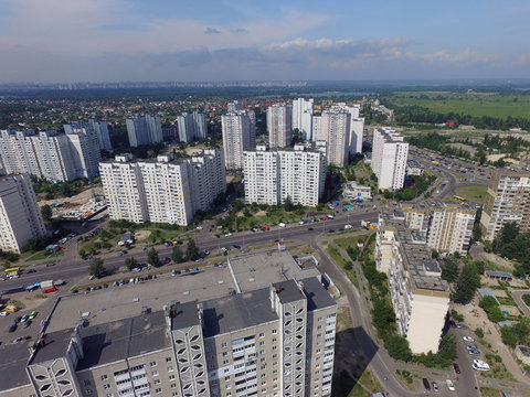 Modern residential area of Kiev at summer time (drone image). Ukraine