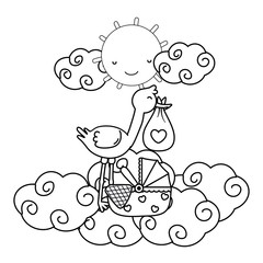 stork with cradle in black and white