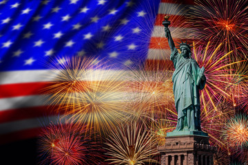 Statue of Liberty over the Multicolor Fireworks Celebrate with the United state of America USA flag...