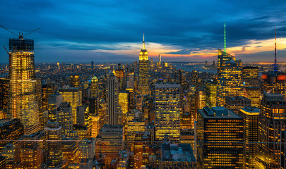 Top Scene of New York City cityscape in lower manhattan at the twilight time, USA downtown skyline,...