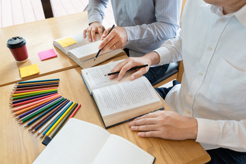 education and school concept, students campus helps Institution Friend catching up Reading and Exam and learning tutoring