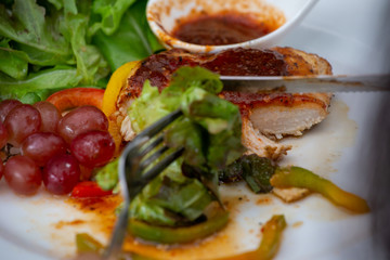 Fried Chicken, Sauce and Organic Vegetables, Beautifully decorated in white plate